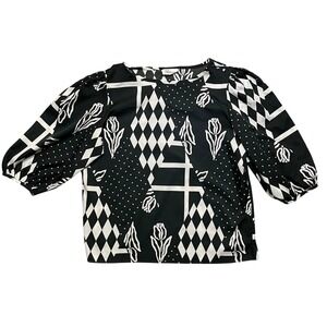VINTAGE Levi Strauss & Co Blouse black white geometric floral Puffy Sleeves READ